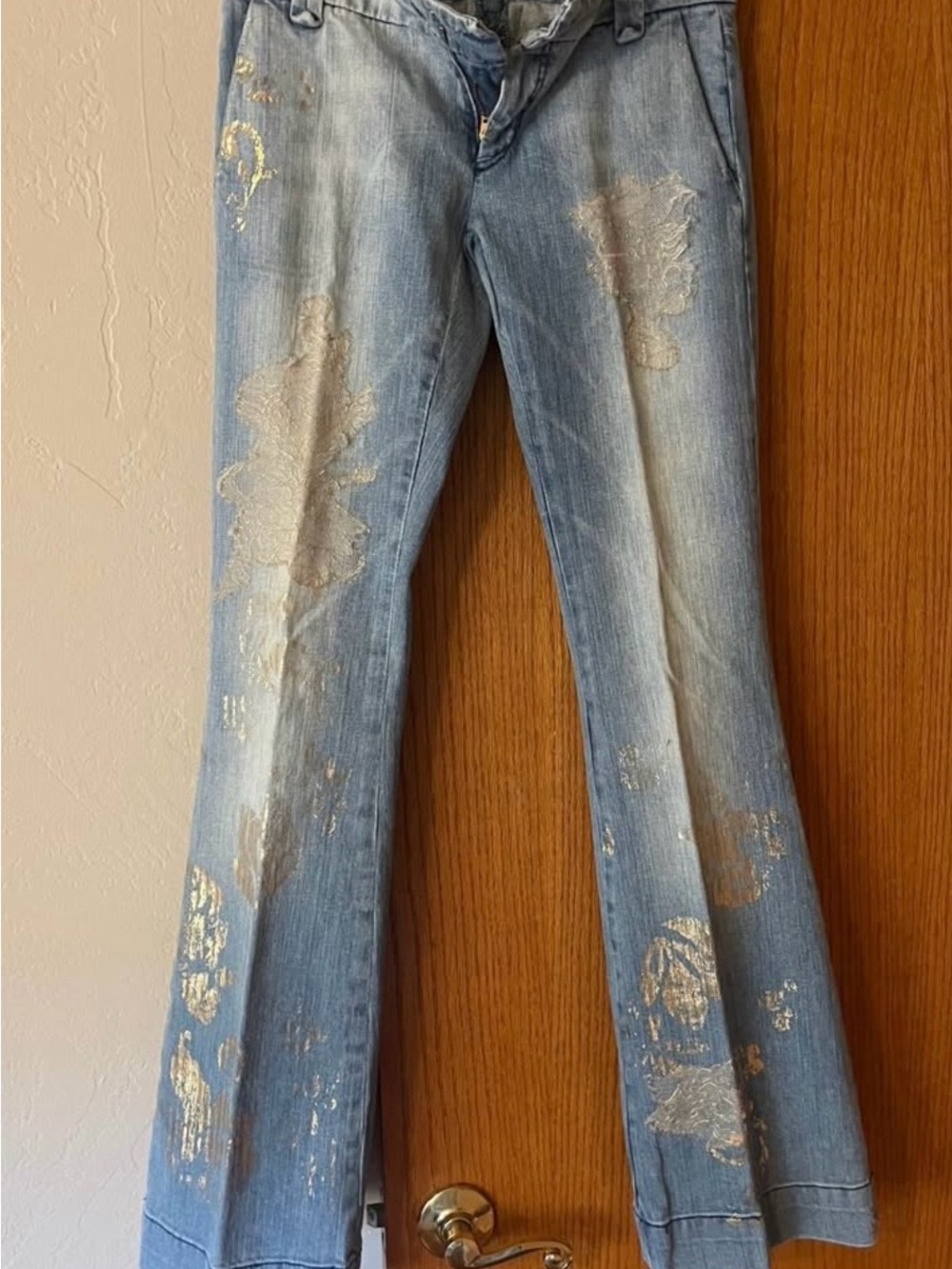 Allen B. by Allen Schwartz Light Blue Flare Jeans with Gold Foil Accents